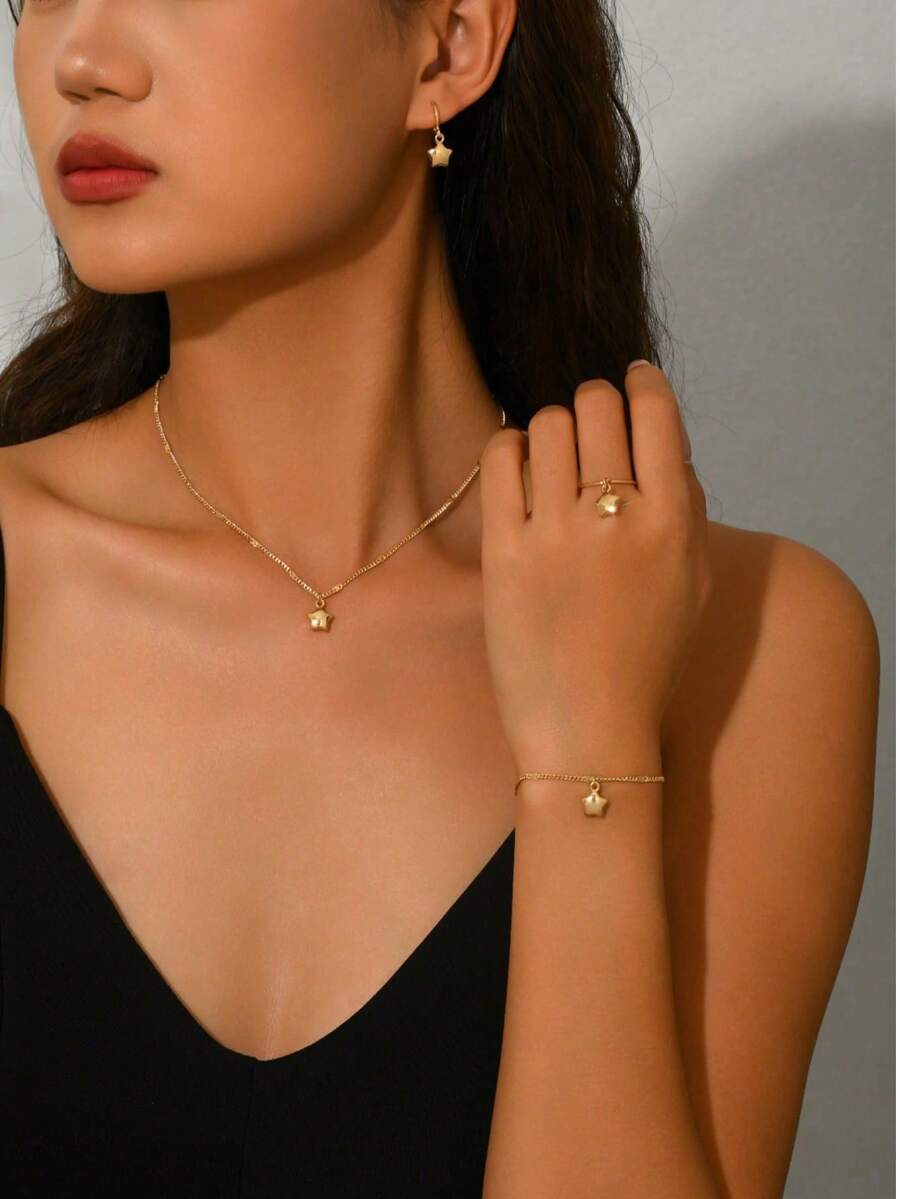 5pcs/Set Women's Minimalist Fashion Star Necklace, Ring, Earrings, Bracelet, Versatile For Daily Wear - Gold - View 1