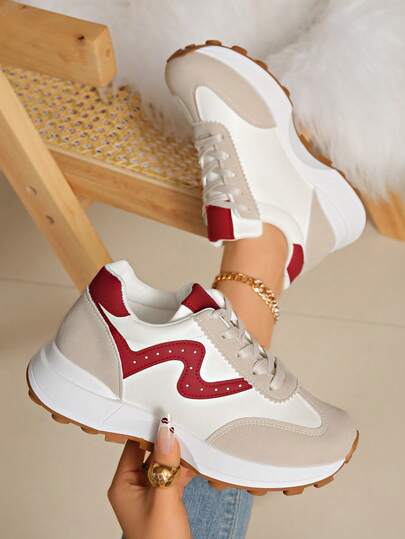 Women's Sporty White Sneakers, New Arrival For Autumn, Korean Style Round Toe Lace-Up Color Block Casual Vulcanized Shoes