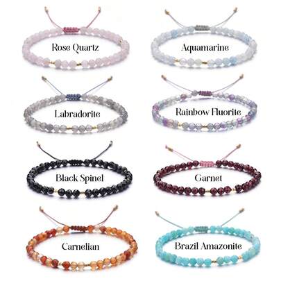 1pc 4mm Elegant Natural Stone Necklace - Amazonite, Red Agate, Garnet, Aquamarine, Rose Quartz Beads, Adjustable Braided Bracelet Suitable For Women, Daily Wear & Gifts