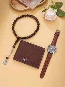 3pcs High-End Business Men's Gift Set: Brown Strap Quartz Watch (Black Dial, Roman Numerals, Date Display, Rhinestones), Brown Rosary Beads + Brown PU Leather Wallet, Fashionable For Daily And Business Wear, Perfect Birthday/Anniversary/Christmas Gift - Brown - View 4