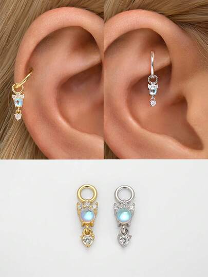 IN Z 1piece 925 Sterling Silver Moonstone Charm 18G Hinged Hoop Piercings Earrings - Cartilage Hoop, Helix Hoop, Nose Piercing, Septum Ring, Seamless Clicker, Tiny Hoop Earring, Daith Hoop,Tragus Hoop,Conch Piercings, Silver Seamless Cartilage Earring, Suitable For Daily Wear For Both Women And Men, Soft Sterling Silver - Handle With Care(Sold As 1 Piece)