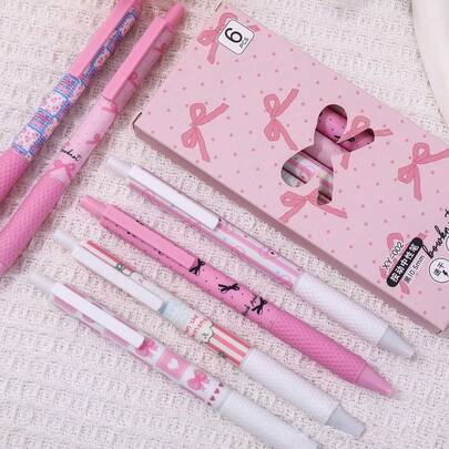 6pcs, Pink Bow Quick Dry Gel Pen, 0.5mm Fine Tip, Smooth Writing, Suitable For Office & Classroom Supplies, Teens Adults Home Office Family Education Classroom Writing Writing Writing Special Universal Writing Pen For Final Exam