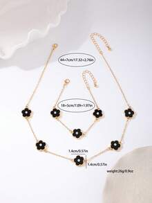 2件套 时尚百搭优雅金属花朵四叶草水钻首饰套装 - 项链和手链 - 黑色 - 查看 4