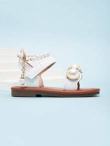 可爱白色婴儿凉鞋，配有珍珠链和魔术贴踝带 - 白色 - 查看 3