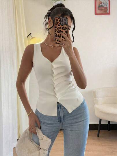 Women's New Apricot Sleeveless Asymmetric Ruffle Hem Vest Jacket, Lightweight Fashionable Minimalist Elegant Casual Commuter Top, Suitable For Spring And Summer