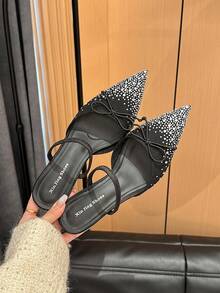Xin Jing Shoes Women's Elegant Rhinestone Bow Mesh Sexy Fashion Net Yarn One-Strap Commuting Mid-Heel Shoes - Black - View 8