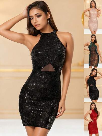 Vestido ajustado de cóctel con escote halter de lentejuelas de lujo, vestido de cóctel con recortes de malla transparente para baile de graduación, gala y eventos formales (disponible en varios colores)