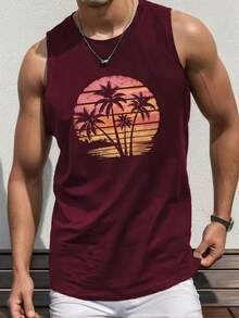 Regata Masculina Camiseta Estampada Quatro Coqueiro no Por do Sol De Praia Casual Masculina Camiseta 100% Algodão Estilo Primavera Verão - Vinho - Visão 1