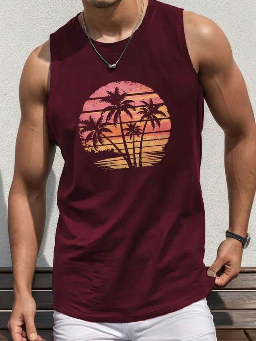 Regata Masculina Camiseta Estampada Quatro Coqueiro no Por do Sol De Praia Casual Masculina Camiseta 100% Algodão Estilo Primavera Verão - Vinho - Visão 1