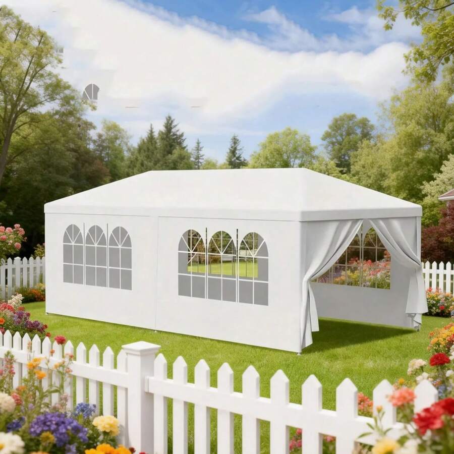 10x20' Outdoor Garden Gazebo Wedding Party Tent Canopy Marquee With 6 Removable Sidewalls- PE Wedding & Party Gazebo, Ideal For Backyard, Events, Camping, Picnic, Garden Pavilion - Trắng + Kim loại - Xem 1