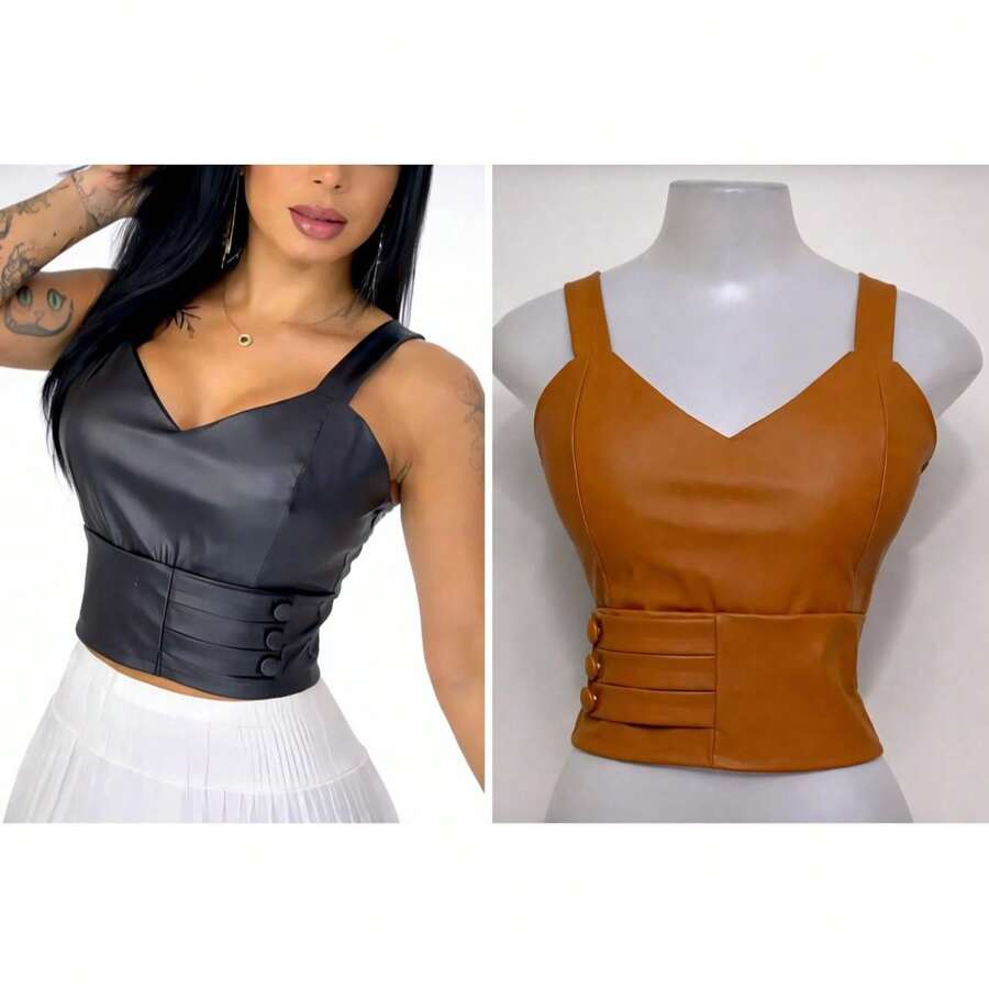 Cropped Top In Faux Leather With A Fitted, Casual, And Everyday Style. - 黑焦糖套裝 - 查看 1