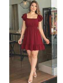 Vestido Corto Casual Con Olanes Y Manga Abullonada - Burdeos - Ver 6