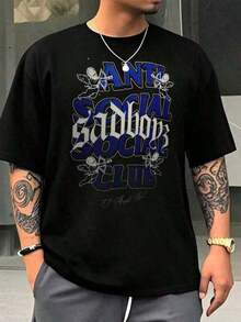 Offers And SalesLocal Store, Men's Shirts, Men's Shirts, Men's Clothing, Men's Shirts, Anti Social Sadboys Club 180G Black And White T-Shirt, Angel Design, High Quality Print, Round Neck, Basic Loose Fit, For Men And Women, Breathable, Versatile, Machine Washable, Comfortable, Size S ~ 3XL, Daily, Casual, Sporty, Summer Essential. Men's T-Shirt, Women's Sweatshirts, Loose, Casual And Versatile Top T-Shirt - 黑色 - 查看 3