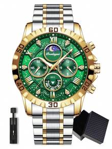 POEDAGAR 1pc Men's Sports Watch, Waterproof Chronograph, Luminous Stainless Steel Luxury Quartz Watch + Gift Box - Green - View 13