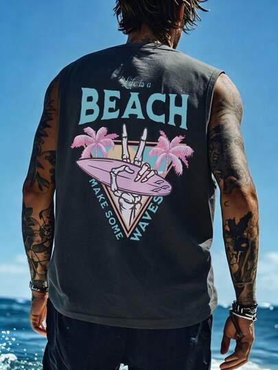 Áo tank top cổ tròn in họa tiết bãi biển phong cách thường ngày dành cho nam giới, thích hợp mặc mùa hè, thoải mái và thoáng khí, dẫn đầu xu hướng thời trang.