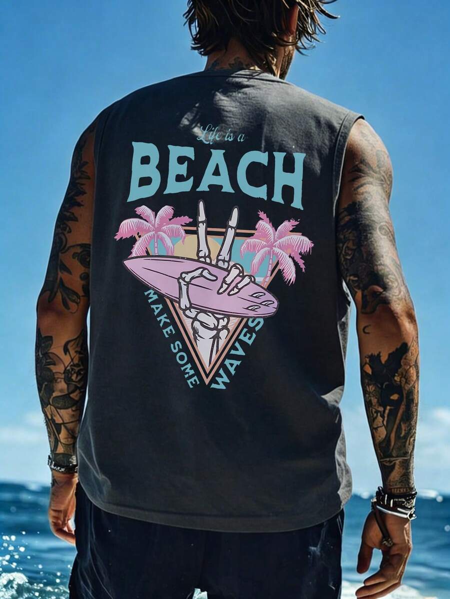 Coastal Men's Casual Vacation Style Beach Element Print Round Neck Tank Top, Suitable For Summer Wear, Comfortable And Breathable, Leading Fashion