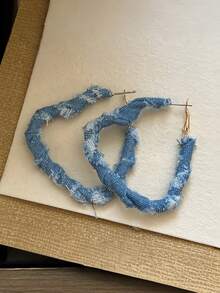 1对复古时尚夸张牛仔印花圈形耳环，简约缠绕圆形耳环 - 方形大號 - 查看 40