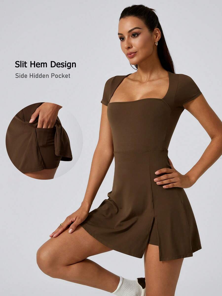 NcmRyu 1 Set Women's Elastic Running, Fitness, Tennis, Pickleball, Golf Sports Dress - Brown - View 1