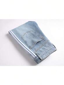 2026 American High - Street Youth Men's Harajuku Style Three - Stripe Black - Blue Straight - Leg Jeans For Fashionable Streetwear And Stylish OOTD, Purple Jeans Option Available For Men's Fashionable Trousers - 藍色 - 查看 11