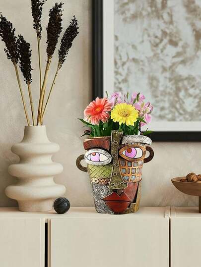 毕加索抽象女性面部花盆，大直径户外庭院花盆，树脂材质 - 面部花园微景观树脂盆景，手工现代艺术家居装饰桌面摆件