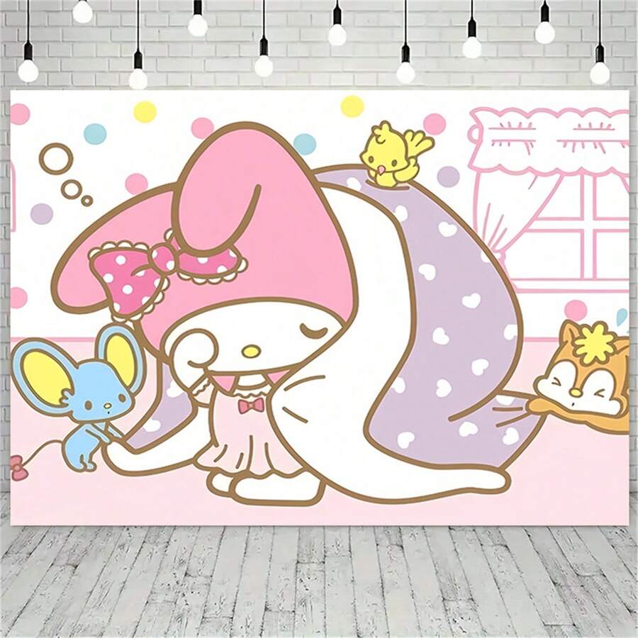 1件装三丽鸥Hello Kitty和朋友们背景布 | 可爱粉彩主题，多功能可折叠，方便携带，适用于家居和户外装饰，聚酯纤维 - 彩色 - 查看 1