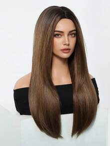 24英寸长直发，棕色，中分，顶部染成黑色，采用高温合成角蛋白纤维制成，优雅的假发，适合日常佩戴、节日和派对场合。 - 巧克力棕 - 查看 2