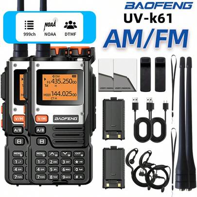 2 piezas Baofeng UV-K61 Walkie-Talkie inalámbrico, frecuencia de radio, 999 canales, Tipo C, control remoto DTMF, NOAA, K61, K5 (8), 50 km, UHF, VHF, UV-5R