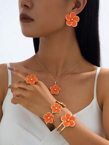 6pcs Exaggerated Vintage Elegant Floral Jewelry Set Including Necklace, Earrings, Bracelet, Ring, Suitable For Party, Banquet And Daily Wear - Orange - View 9