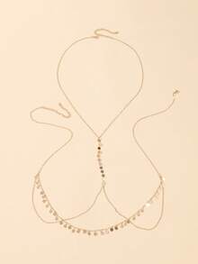 1pc Fashionable Sexy Party Style Circular Pendant Necklace Waist Chain X-Shaped Body Chain Top, Random Quantity Of Circular Pendants Based On Length - Gold - View 2