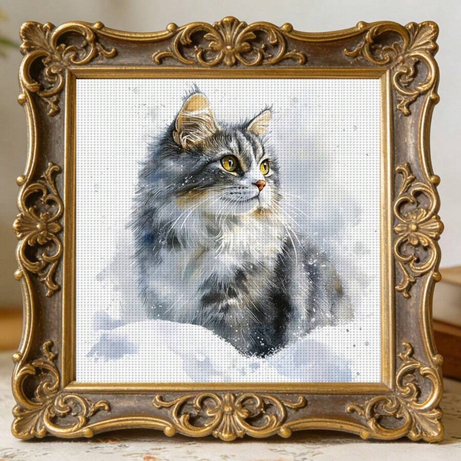 一套 - 雪景灰猫十字绣套件，DIY针线艺术材料，11CT十字绣装饰画，创意手工礼品。完整的家居装饰印花十字绣工艺品，适合家居装饰编织艺术。不含画框。