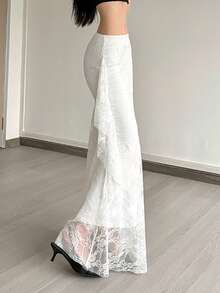 顶级炫彩女士性感派对长款美人鱼裙，撞色蕾丝细节，涤纶面料，略带弹性，适合度假旅行 - 白色 - 查看 7