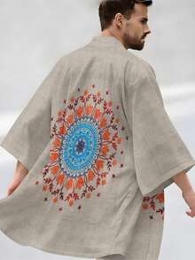 Vintage Bohemian Style! Grey Orange-Blue Mandala Print Woven Cardigan, Elegant And Eye-Catching, Men's Spring And Summer Business Casual And Holiday Gift Choice, Grey Orange-Blue Mandala Pattern Men's Printed Cardigan - Nhiều màu - Xem 3