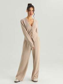 KATCH ME Women's Solid Color V-Neck Long Sleeve Button Tailored Top & Wide Leg Trousers Set, Cozy Two Piece Outfits For Fall & Winter - Oatmeal - View 4