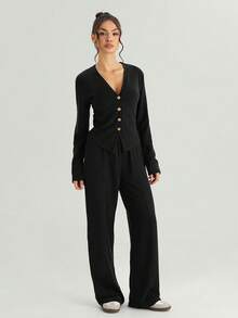 KATCH ME Women's Solid Color V-Neck Long Sleeve Button Tailored Top & Wide Leg Trousers Set, Cozy Two Piece Outfits For Fall & Winter - Black - View 9