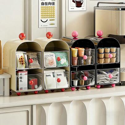 双层亚克力咖啡收纳架，可存放咖啡胶囊、茶包、零食、化妆品和文具，适用于家庭和办公室，男女通用，多功能抽屉式收纳盒，适用于厨房、浴室和梳妆台。