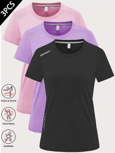女士三件套冰丝面料短袖T恤，速干吸湿亲肤圆领运动T恤，适合跑步、瑜伽和健身，黑色