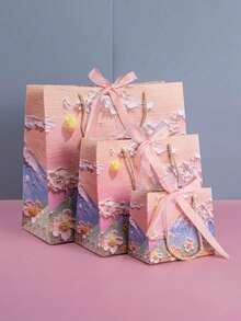 1个3D立体彩绘礼品纸袋，带丝带，便携提手纸袋，云山花瓣奶油色，生日礼品袋，婚礼派对礼品袋，多种尺寸可选（图案为印刷，非压纹） - 查看 1