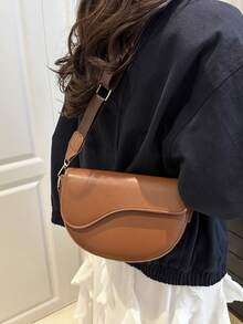 1pc Fashionable Solid Color Minimalist Flap Mini Shoulder Bag, Suitable For Women's Daily Use And Gifts - Brown - View 4