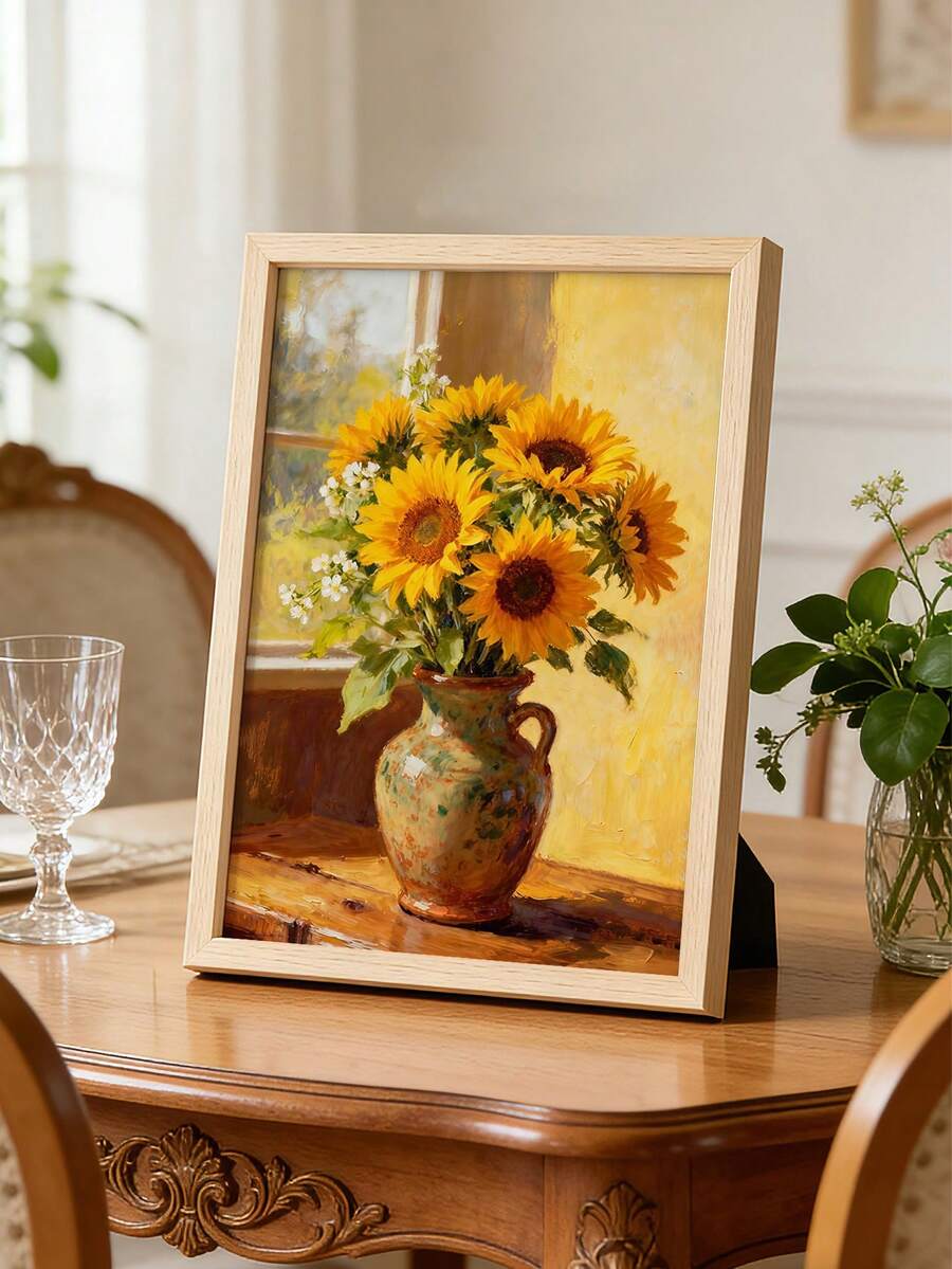 1幅向日葵油画海报，花卉挂画，复古花瓶艺术画，植物墙饰，唯美墙画，复古墙面艺术品，客厅墙面装饰，无框 - 黃色 - 查看 1