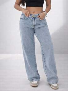 Women's Light Blue Wide Leg Jeans, Light Wash, Streetwear Fashion Y2K - Rửa nhẹ - Xem 5
