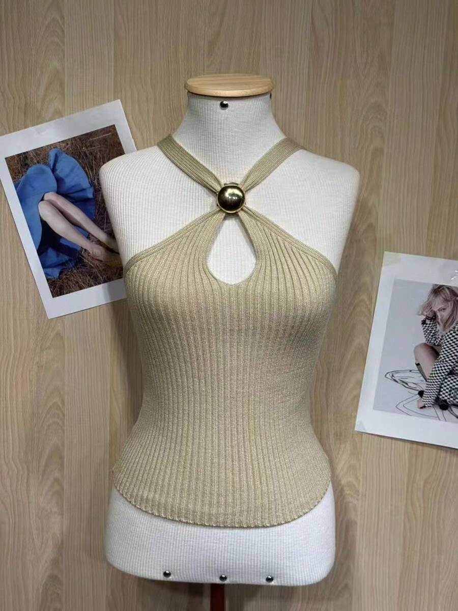 Halter Mesh Top With Metallic Detail - Màu be - Xem 1