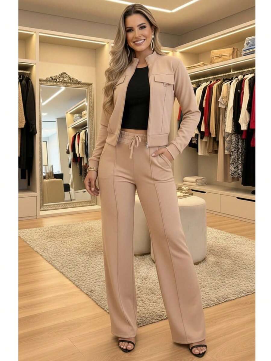 Women's Set: Wide-Leg Pants And Jacket - Elegant Fashion - Stylish, Casual, Party, Cute, Sensual, Fabric, Contrasting Waist, Night, Office, Street - ALL - 米色 - 查看 1
