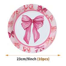 Bộ đồ ăn dùng một lần cho 10 người, họa tiết chấm bi hồng và nơ, bao gồm đĩa, khăn ăn và cốc, thích hợp cho sinh nhật, đám cưới, tiệc tùng, dã ngoại gia đình. - Kiểu 3 - Xem 9