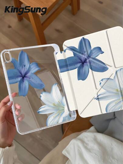 Kingsung Flower Floral Pattern Y-Shaped Foldable Double-Sided Spray Painted Transparent Acrylic Crystal Tablet Protective Case, Compatible With Samsung Tablets/Mini 6/7/9.7/10.2/10.5/10.9/12.9/Pro 11, 10th Gen, Supports Multi-Angle Adjustment, 6 Stand Placement Modes, Built-In Pen Slot, Transparent Backplate, Anti-Drop Protection, Auto Wake/Sleep