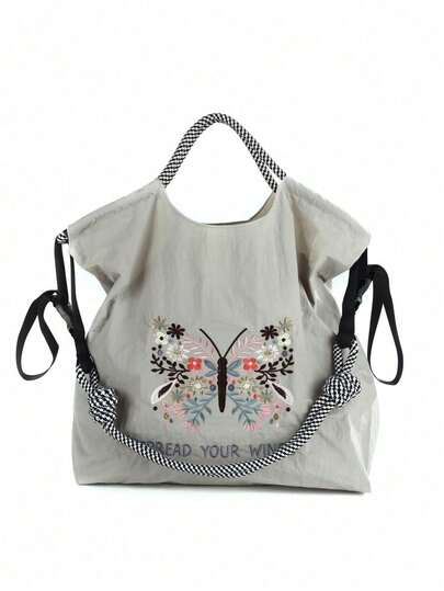 1pc New Fashion Embroidered Butterfly Floral Pattern Lightweight Nylon Large Capacity Shopping Bag, Adjustable Shoulder Strap, Suitable For Party, Travel, Shopping And Beach