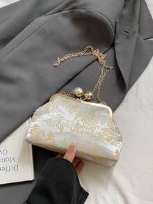 Bolso de mano con decoración de perlas con patrón geométrico y de graffiti aleatorio, elegante bolso de moda para fiesta y compras - Beis - Ver 11