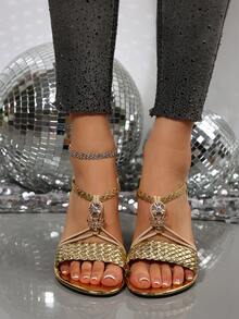 Giày sandal dệt màu vàng bóng cổ điển - Giày bệt quai ngang mắt cá chân bóng bẩy, phù hợp với váy dạ hội - Giày dự tiệc mùa hè phong cách Bohemian - Vàng - Xem 2