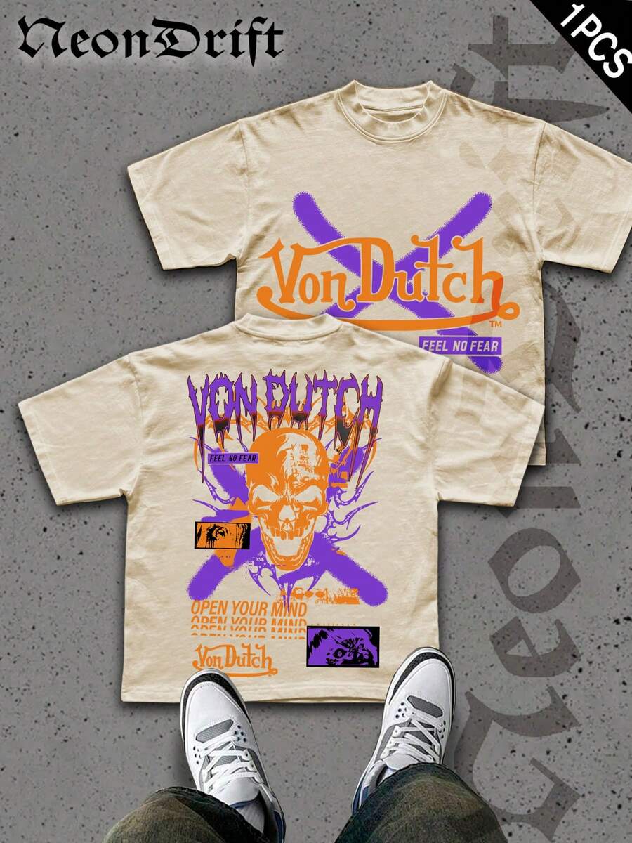 NeonDrift Street Double-Sided Printing Cotton T-Shirt 100% Cotton Fabric Unisex Style-Men T Shirt Skull Graphic Print Neon Yellow Orange Cross Design Streetwear Fashion Casual Wear For Urban Style Fans Hip Hop Look Breathable 100 Cotton Comfortable Fit - Cream - View 1