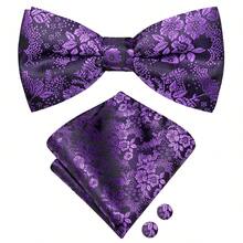 Men Bowtie Royal Purple Floral Bow Tie Selftied Bowtie Set With Handkerchief Cufflinks Wedding Party - Purple - View 2