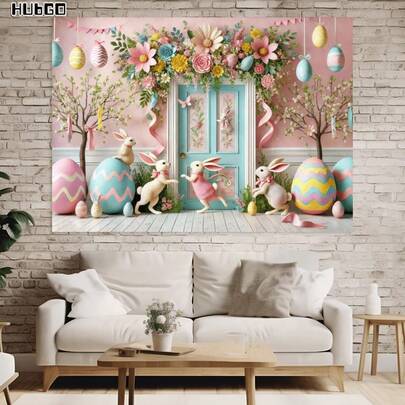 2d Graphic Design, 1 Piece Of Background Cloth Of Easter Bunny And Spring Flower Arch, With 2d Graphic Banner Of Colorful Eggs And Vivid Spring Scenery, Suitable For The Spring Party Background Of Easter Egg Hunting Baby Shower. Various Styles And Sizes Are Available.